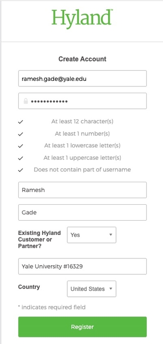 Hyland Registration Screen